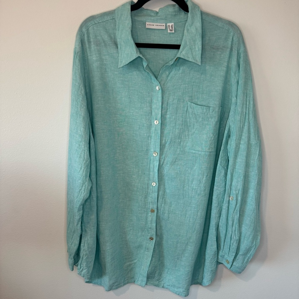 Susan Graver Linen Blend Button Down Shirt 2X Aqua Blue Long Sleeve Tunic